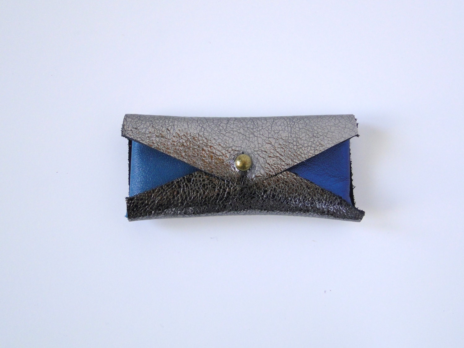 Leather Mini Business Card Case - Pewter and Metallic Navy Color Block