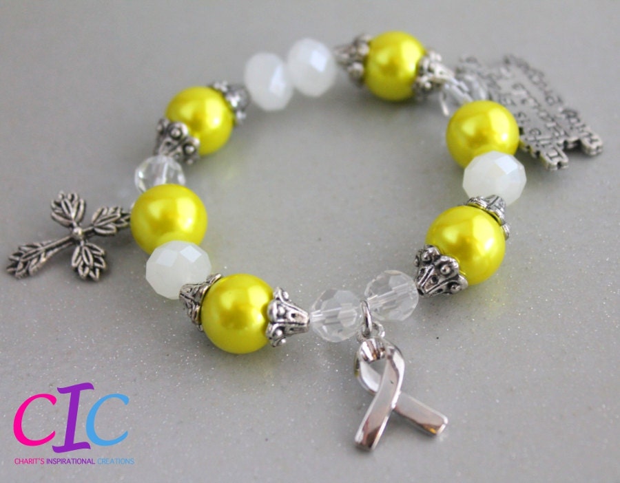 Yellow and White Endometriosis Awareness Religious Cross Bracelet