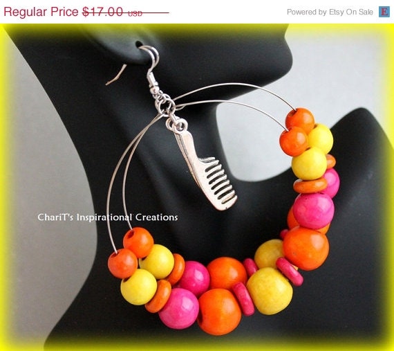 Memorial Day Sale RESERVED Pink Orange Yellow Wood beaded Comb Stylist Natural Hair Hoops