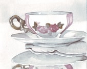 Original watercolor art painting of porcelain vintage teacup reflect on table