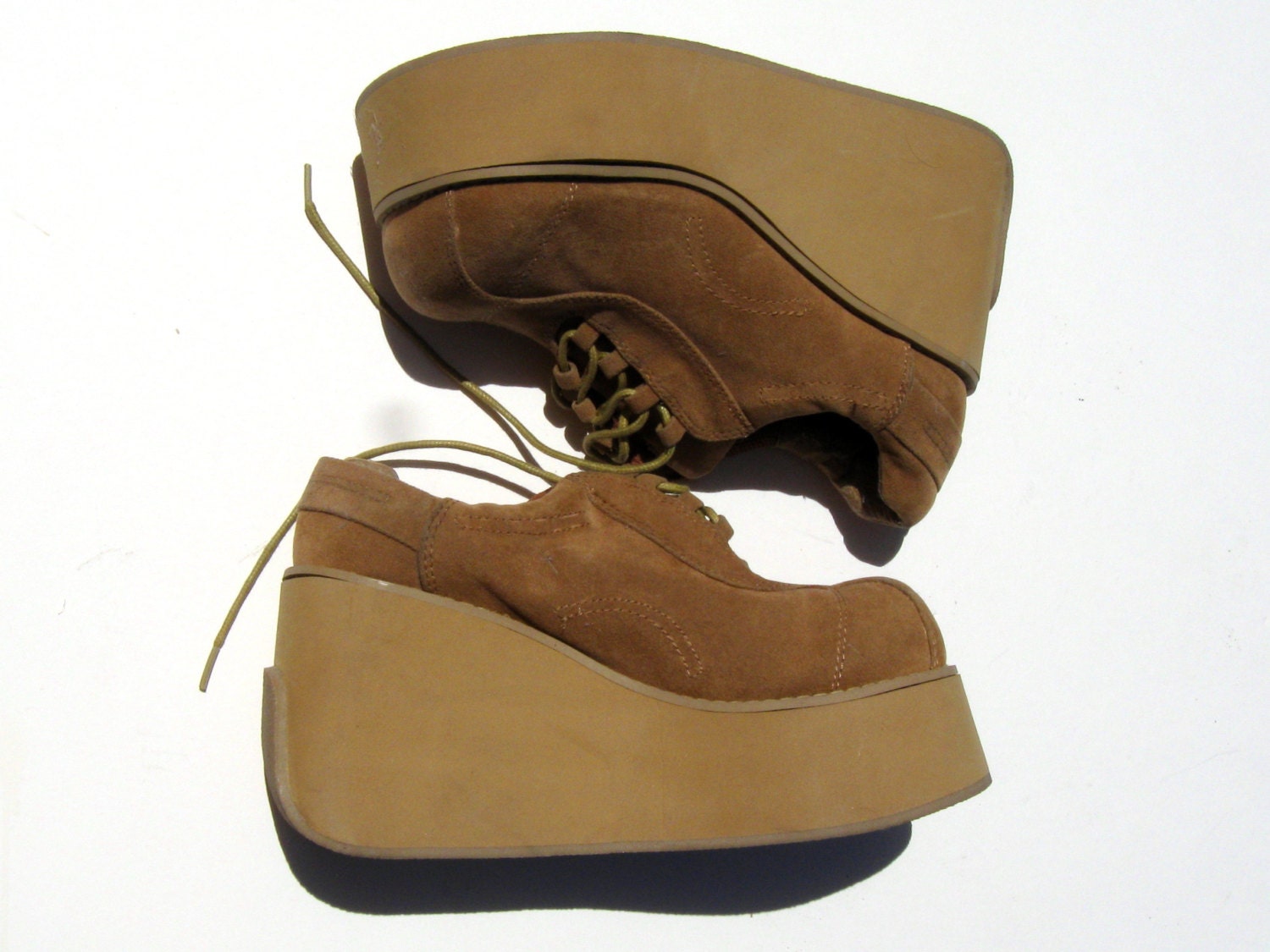 Vintage 90's 1990's Nineties Women Goth Gothic Grunge Cyber Mall Ladies Teen Faux Tan Suede Wedges By Wanted Size 6 30% OFF SALE