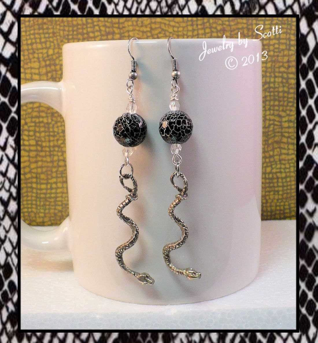 Black Snakeskin Pattern Antique Silver Snake Charm Earrings