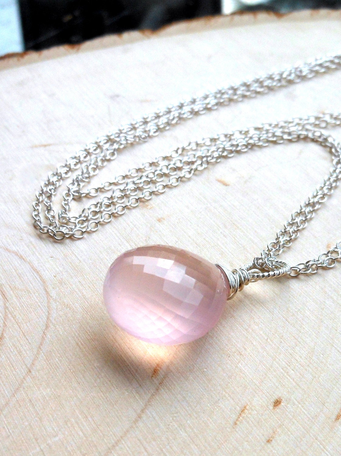 Focal Rose Quartz Necklace, Pendant Style Drop, Large Pink Stone, Sterling Silver