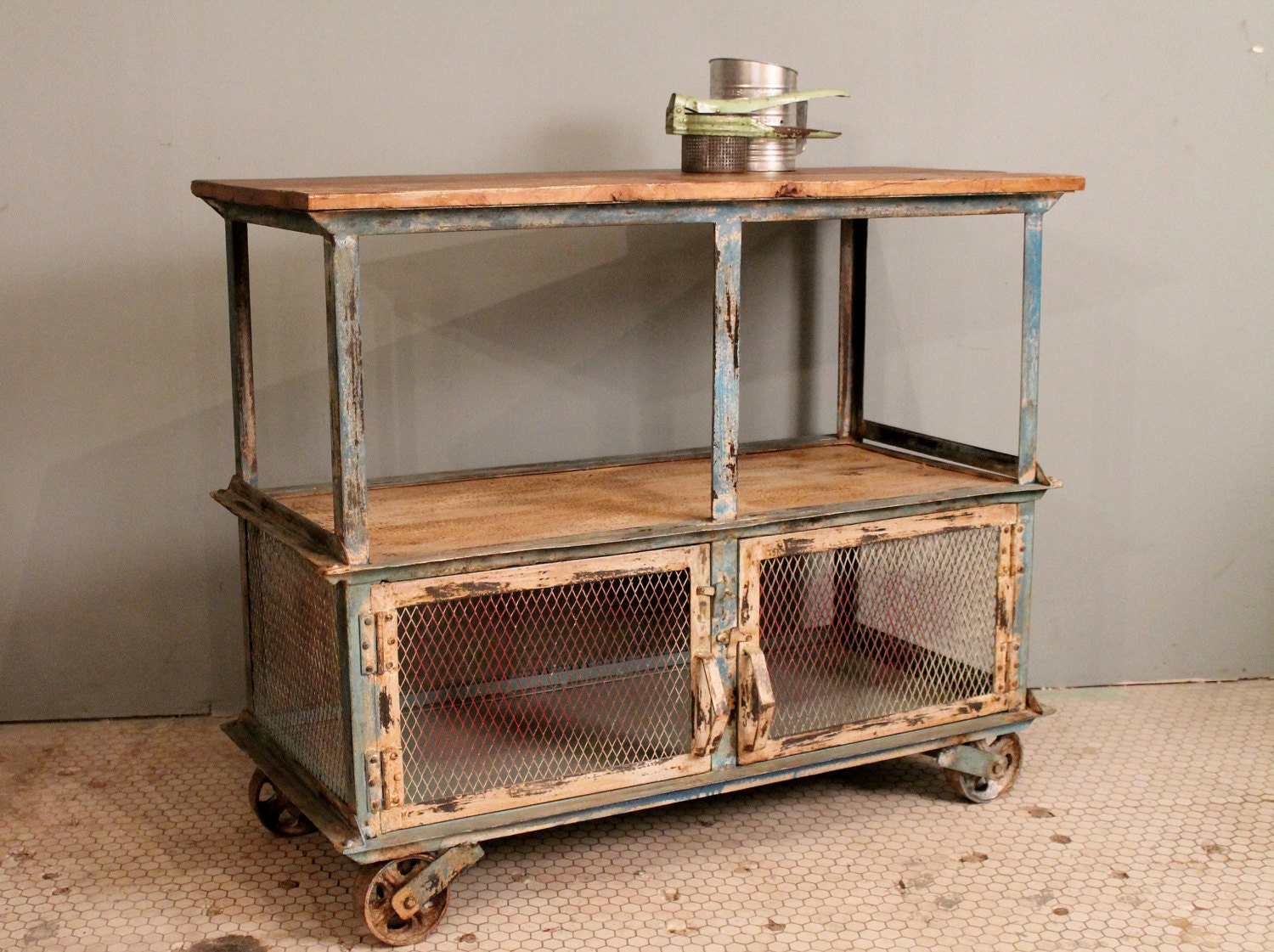 SALE Repurposed Distressed Cream/Green Painted Iron/Wood Storage Console Kitchen Island Media Stand Buffet Bar Garden Cart