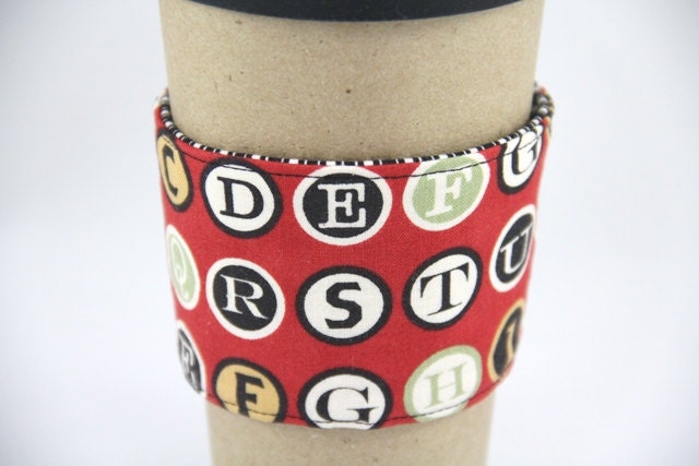 Reversible Coffee Cup Sleeve - Typewriter Keys and Black and White Stripe - Ready to Ship