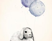 Baby Boy Nursery Art Print - 8x10 Print of Bunny Rabbit and Balloons Watercolor Illustration, Baby Boy Room Decor, Baby Nursery Art