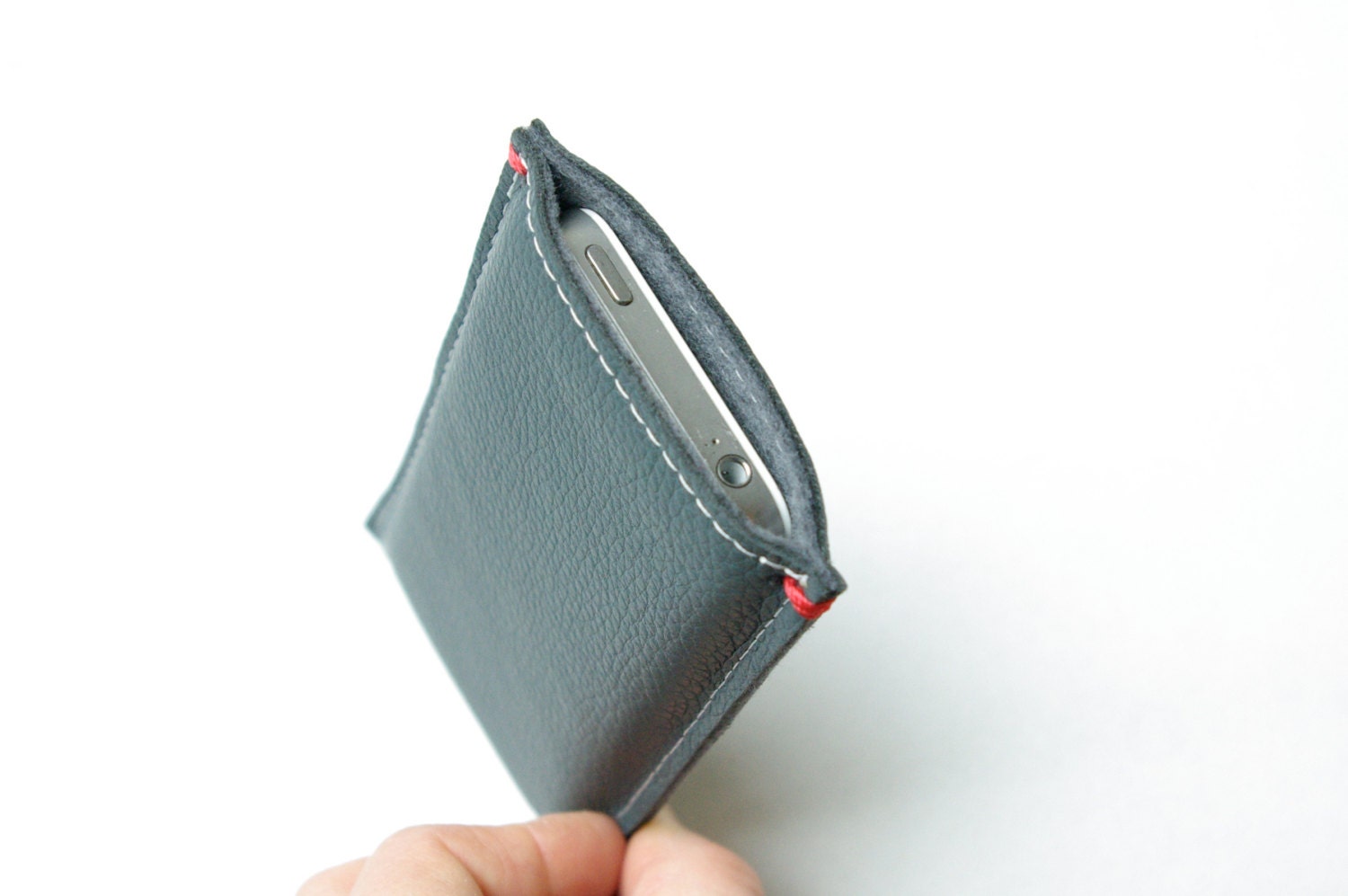 IPHONE 5 COVER - full leather and wool felt lining - grey - green - Spring Special - handmade in Holland - red detail - Iphone 4s -