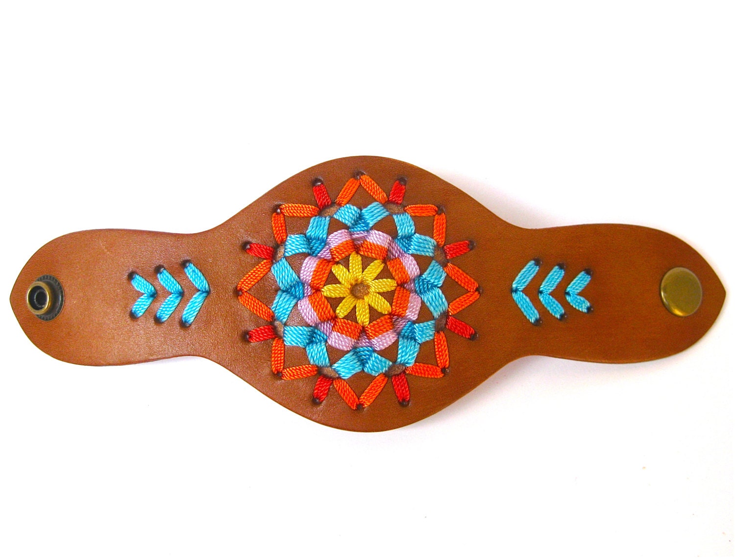 SALE Leather Cuff Woven Threaded Multi Colored Leather Native Style Leather Cuff