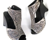 Grey Bone Tooled Floral Carved Clog Shoe Stained Transparent Black Wooden Wedge All Sizes Available