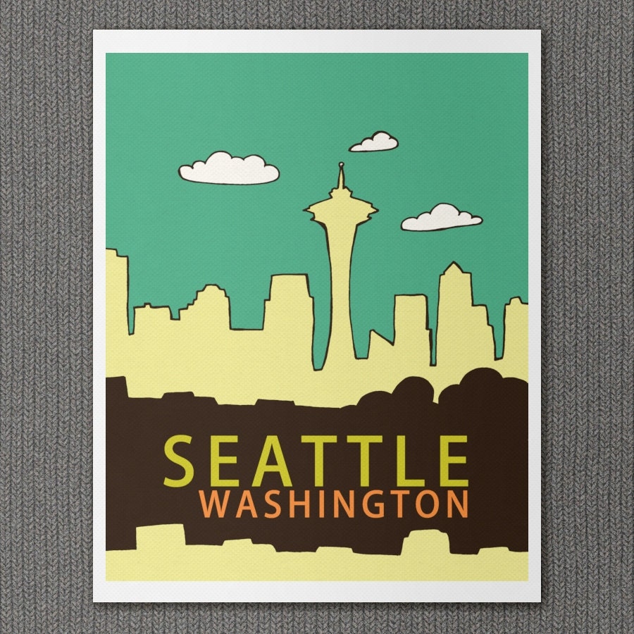 Urban Chic Loft Home Decor Wall Art Travel Poster - Seattle Version 2.0 - 8x10 City Skyline Poster Travel Art