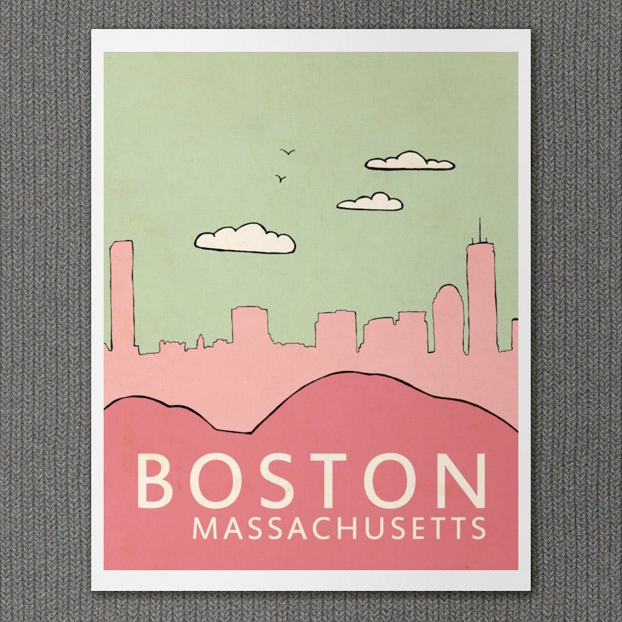 Boston in Pink 8x10 / Typographic Print, Digital Print, Art Print, Art Poster, Nursery Art, Skyline Illustration, Pink, Sage, Rose