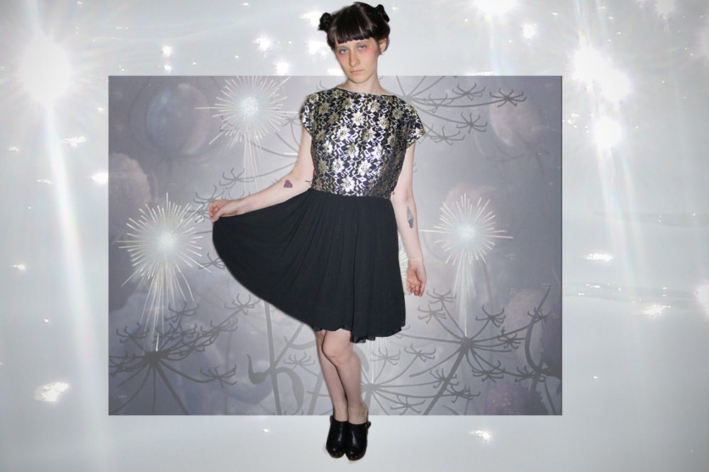 vintage 50s womens black and gold lace and chiffon silk mini dress size small