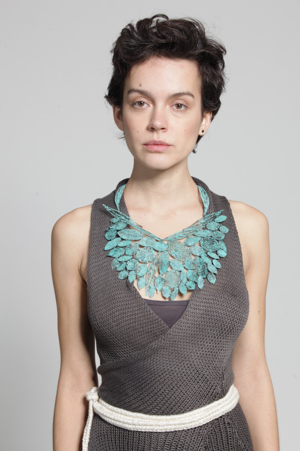 big statement necklace Verdigris green blue Leaf metal lace - inbarshahak