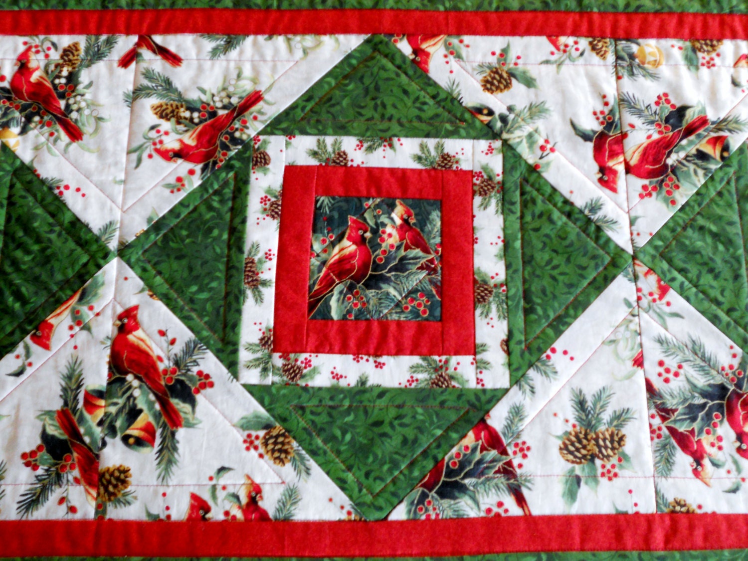 Winter Cardinals Quilted Table Runner Red Green Gold