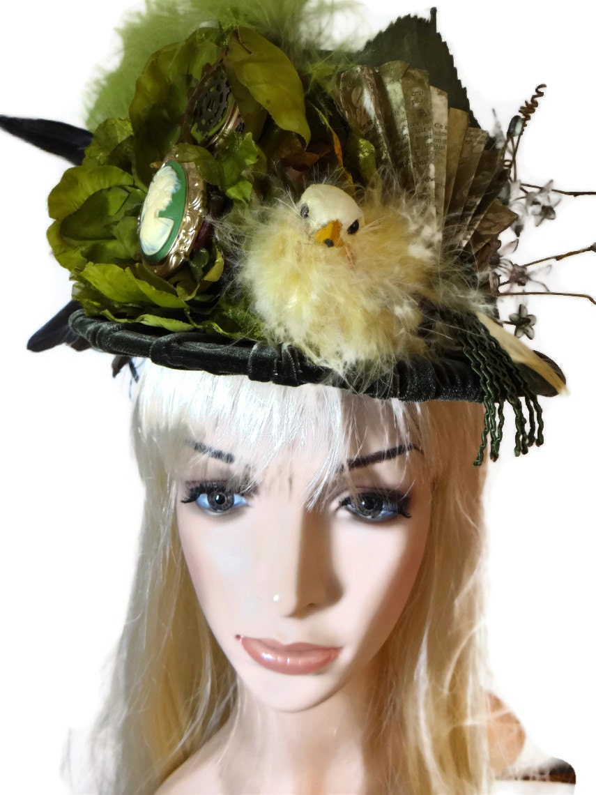 Steampunk Hat- Green with Envy Ladies Velvet Top Hat with bird and feathers by Dr Brassy Steampunk