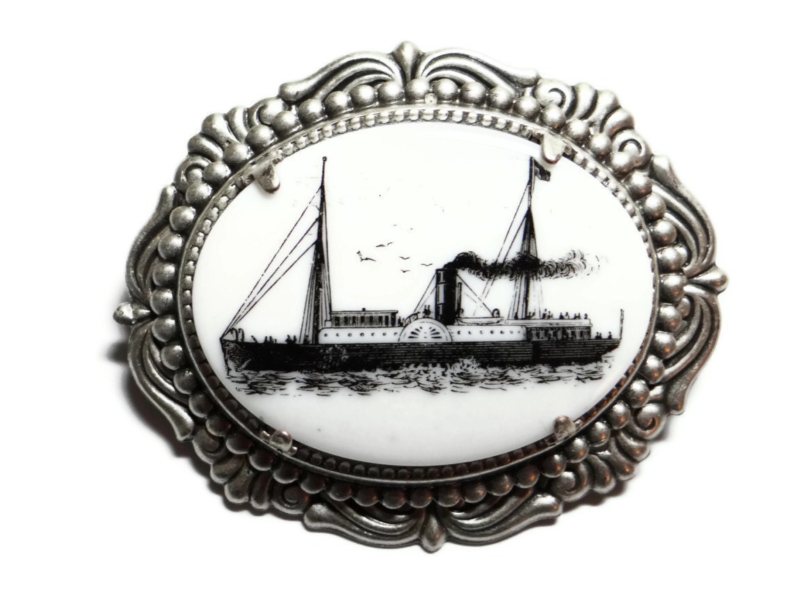 Steampunk Pin Steam Ship Cameo in Silver Plated Brass Brooch Victorian Style by Dr Brassy Steampunk