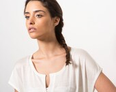 White woman Tshirt blouse, knitted off white round neck blouse, women cream tunic with v neck