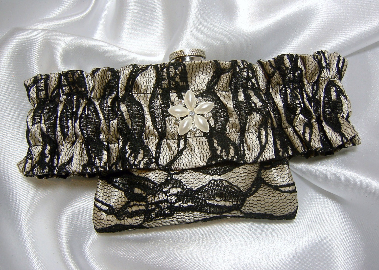 Flask Garter - Champagne, Pearls, and Black Lace- 3 oz Flask Included