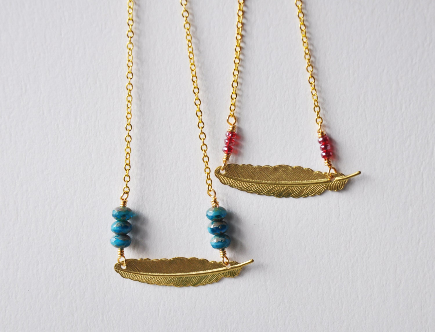 Gold Feather Necklace - Red Glass Beads - Long Necklace - Bohemian - Layering Necklace