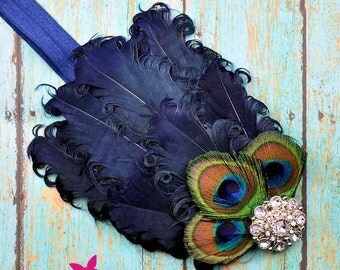 Navy Nagorie Curly Feather Headband with Peacock Eye Feathers...Headpiece...Newborn, Infant, Toddler, Girls, & Adult Sizes