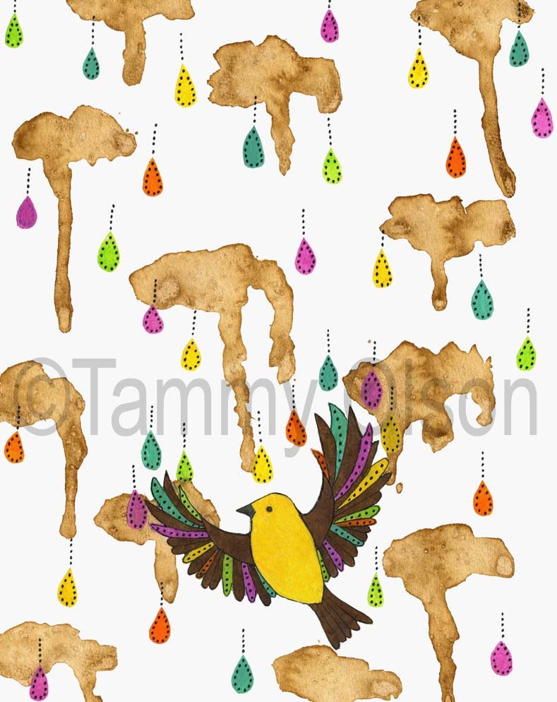 Colorful bird painting, mixed media collage, rain, clouds, 8 x 10 limited edition print 1/250, "Catching Colors II"