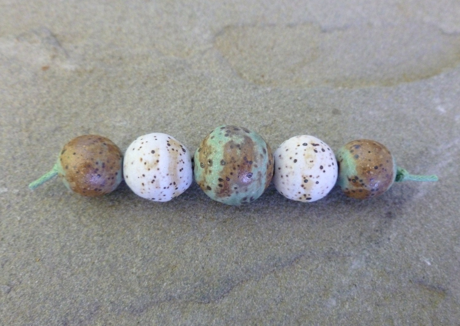 Matte Green and White Stoneware Bead Set