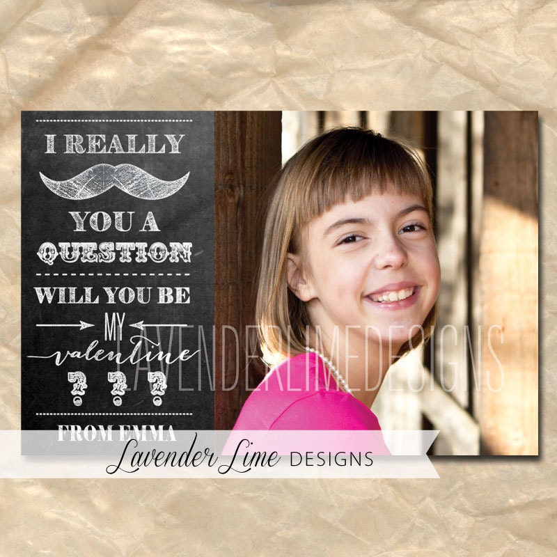 CHALKBOARD Printable Mustache Valentine Card 4x6 or 5x7 Customized with Your Photo and Personalized
