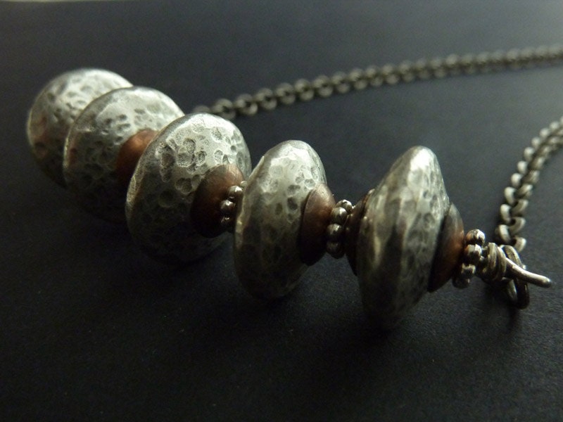 Silver and Copper Beaded Necklace Row of Five Rondelle Beads Rustic Textured Mixed Metal Boho