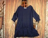 washed linen tunic top in navy blue with ruffles