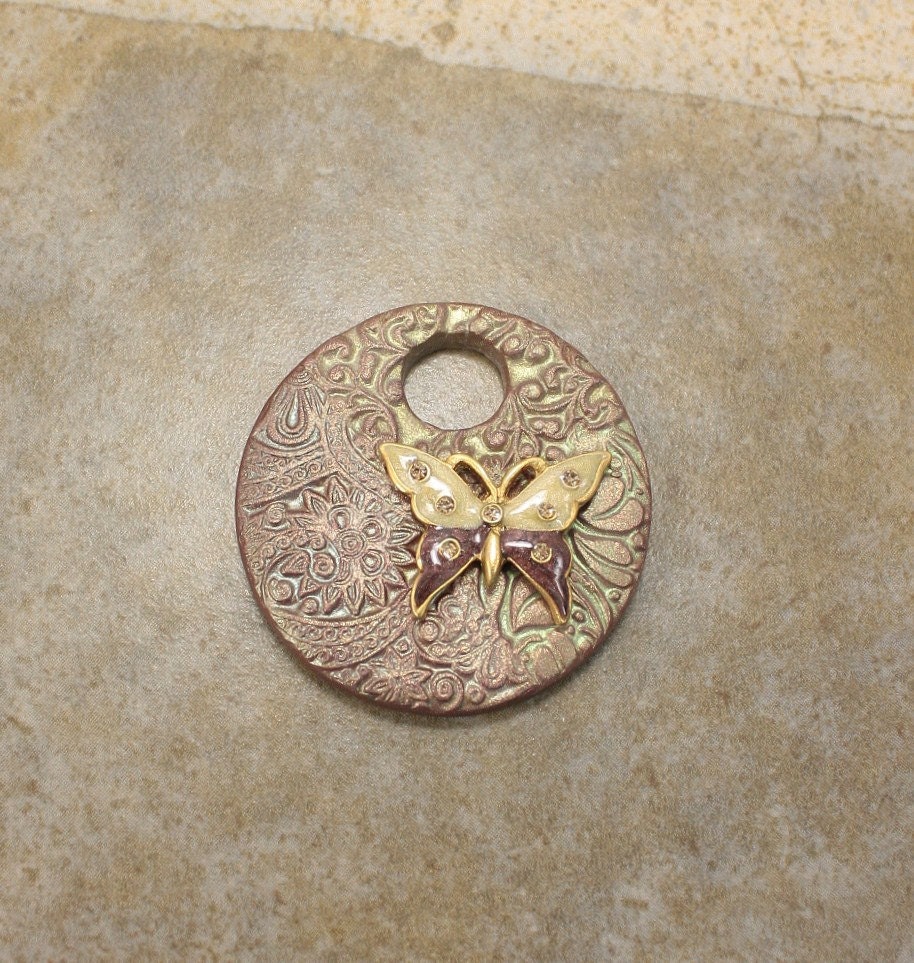 Butterfly Pendant Brown Chartreuse Celery Lime Sage Green Bronze Rhinestones Mixed Media Artisan Pendant