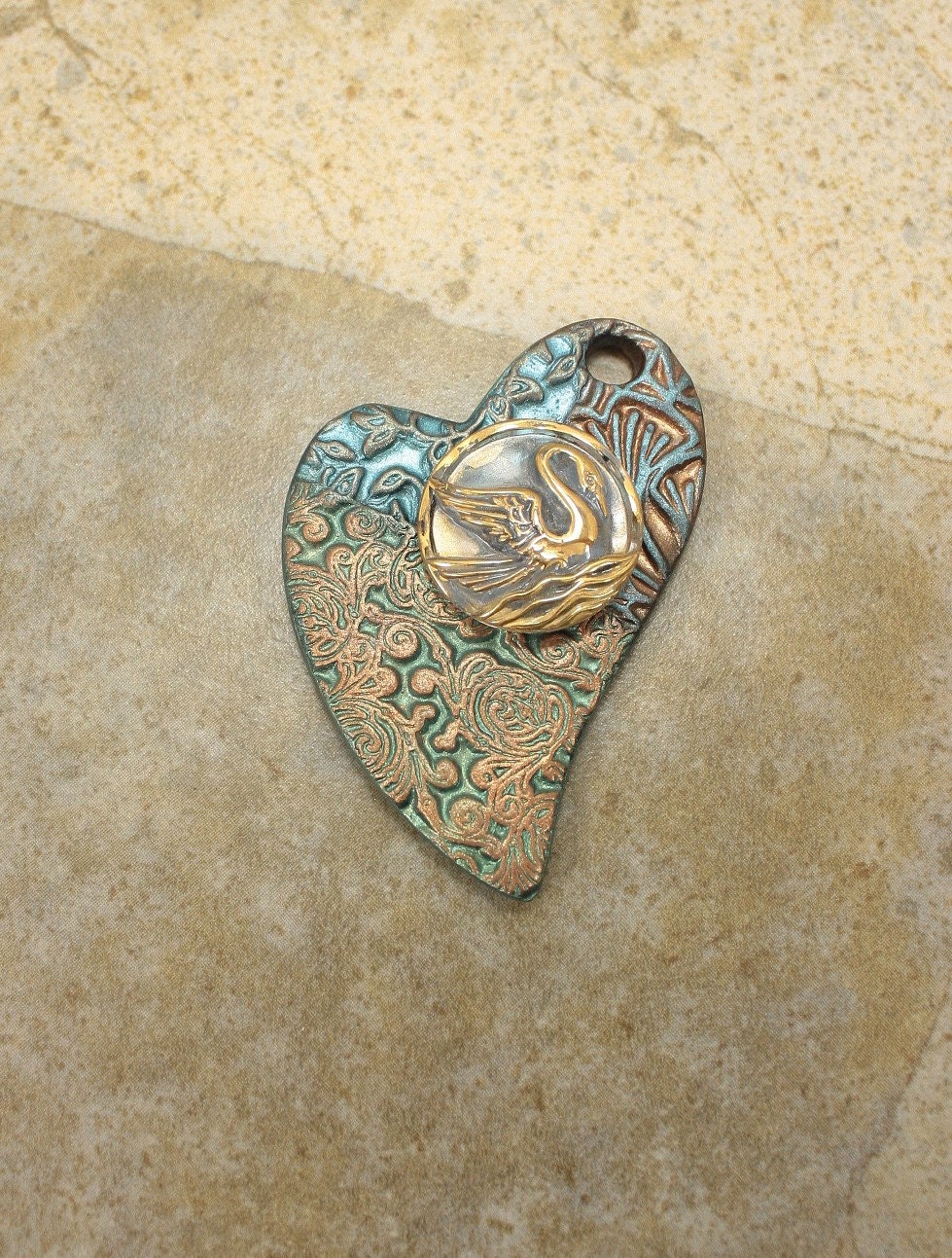 Artisan Swan Pendant Turquoise Sage Green Bronze Gold Blue Bold Heart Pendant One of a Kind