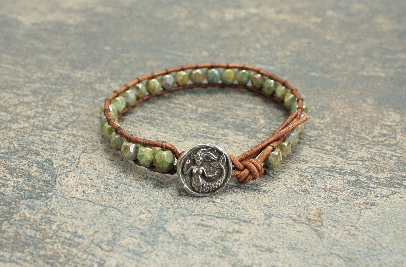 Mermaid Bracelet Olive Green Blue Bronze Brown Leather Wrap Bracelet Artisan Mermaid Jewelry