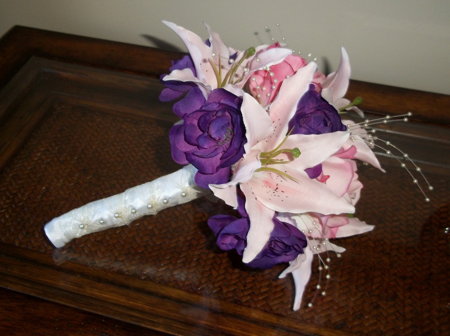 Pink Lily and Rose Bridal Bouquet, Wedding Bouquet in Pink and Purple, Bridesmaid Bouquet with Pink Lilies