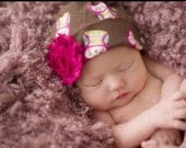 Brown and pink Owl hat with flower: Cotton knit cap for newborn to adult