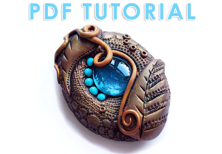 Organic Polymer clay Brooch - PDF tutorial - leather effect - antique finish