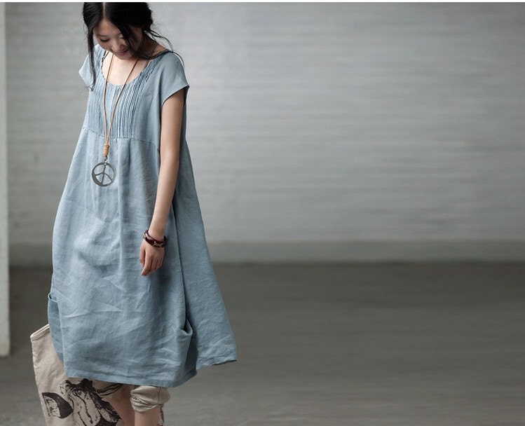 Loose Fitting Long Maxi Dress - Summer Dress in Blue  - Short Sleeve Linen Sundress for Women