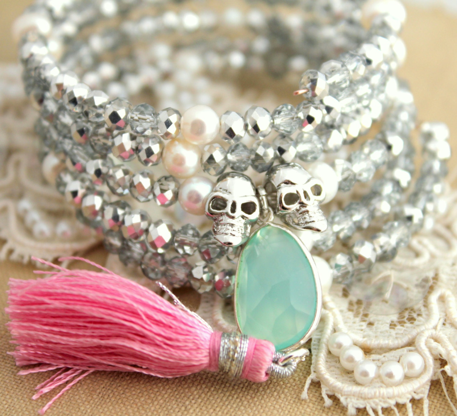 Boho Hippie chic Bracelet Mint,gray,pink,white,silver , Pearls gray crystals green gemstone and skulls hand made -  fun summer bracelet.