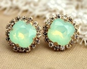 Mint green seafoam Crystal stud Petite vintage earring - 14k plated gold post earrings real swarovski rhinestones .