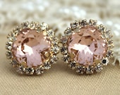 Pink Crystal stud Petite vintage earring - 14k plated gold post earrings real swarovski rhinestones .