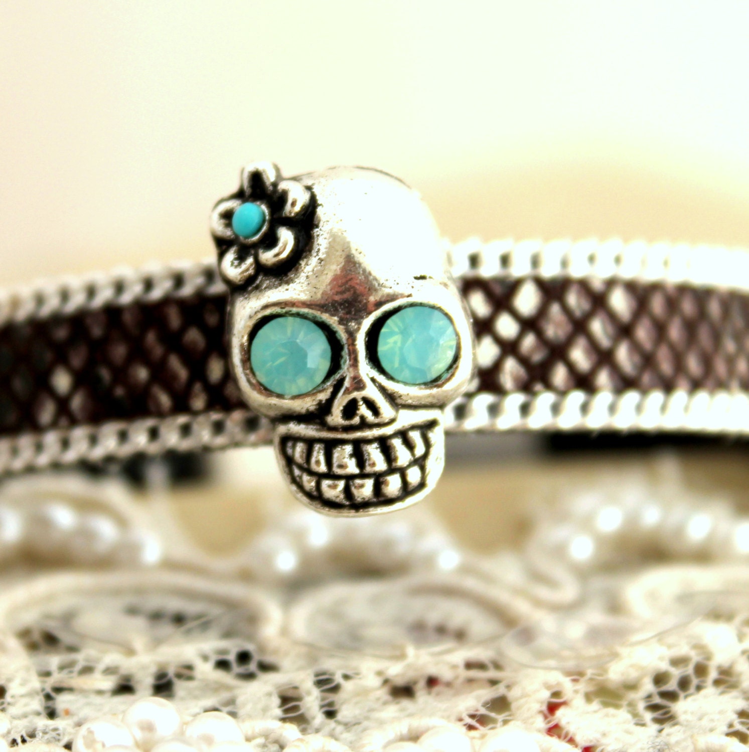 Skull Leather Bracelet mint Rhinestones and turquoise.