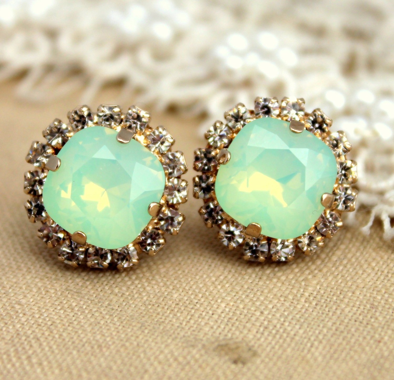 Mint green seafoam Crystal stud Petite vintage earring - 14k plated gold post earrings real swarovski rhinestones .