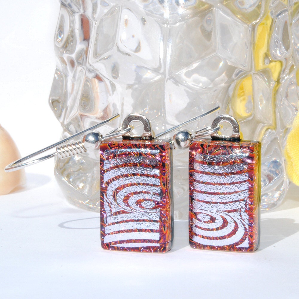 Dichroic Glass Earrings, Dangle, Fused Glass Jewelry, Swirl, Fashion Accessory, Sterling Silver Wires, Rose Pink Silver (Item 30476-E)