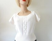 SALE- 1980s White Cotton Cable Knit Cap Sleeve Top / Sweater