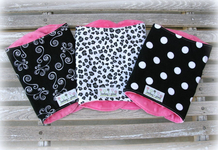 Pink and Black Baby Girl Burp Cloths/ Black and White Cheetah Print/ Pink Minky/ Baby Girl Shower Gift