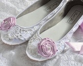 Wedding Shoes - Ballet Flats, Vintage Lace and Lilac Rosettes, Swarovski Crystals and Pearls, The Belle- Women's Bridal Shoes