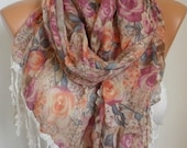 BIG SALE Floral Scarf - Cotton Scarf - Shawl - Cowl Scarf with Lace Edge - fatwoman- Spring Flowers - Beach wear