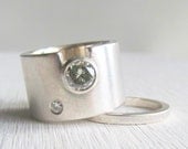 modern wide band engagment ring - unique wedding band - Moissanite or diamond sterling silver wide band engagment ring