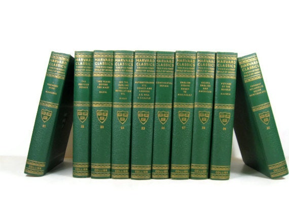 Green  Harvard Classics, Green  Books, Green  vintage decorative books, wedding decor, home decor, and vintage  photo prop,
