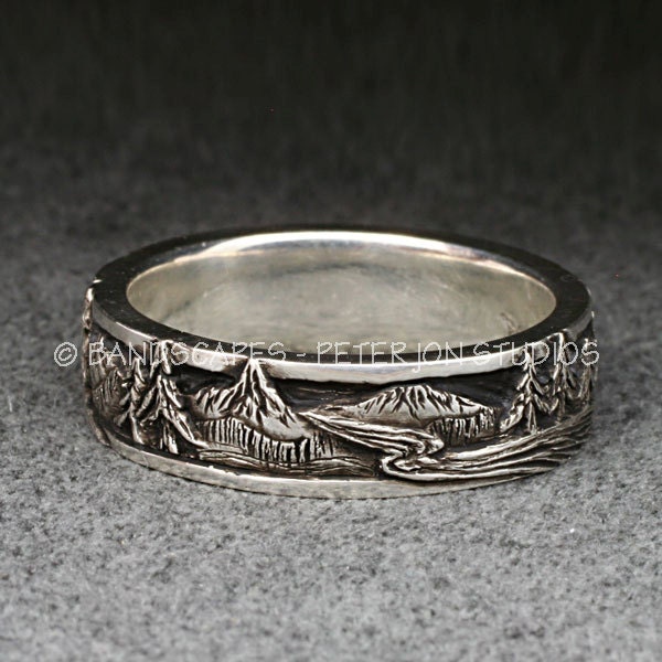 PEAKS, PINES, and RIVERS - A Highly Detailed Wedding Band in Sterling Silver