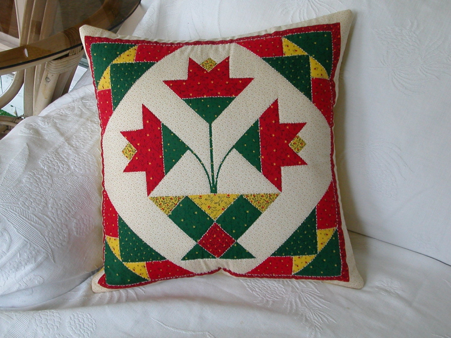 Hand Quilted Pillow Cover PENNSYLVANIA DUTCH DESIGN in Green Red and Yellow Tulips